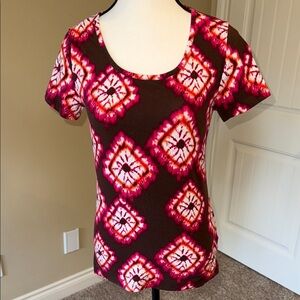 Jones New York Women's Pink and Brown Tie Dyed Patterned Top t shirt